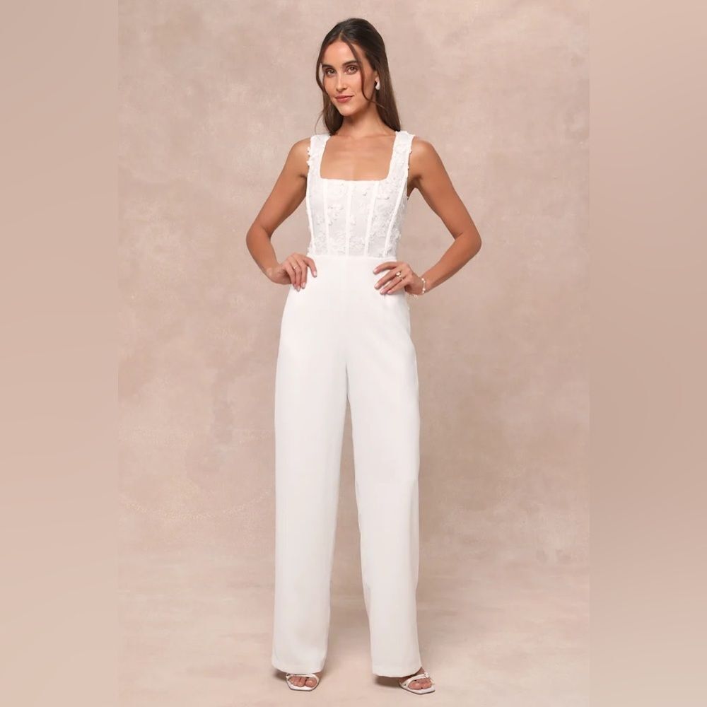 Lulus Truly Profound White Mesh 3D Floral Embroidered Bustier Jumpsuit